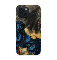 iPhone 15 Wood Live Edge Phone Case - Myra (Teal & Gold, 814404)