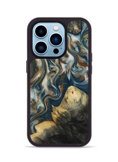 iPhone 14 Pro Wood Phone Case - Ingrid (Teal & Gold, 815814)