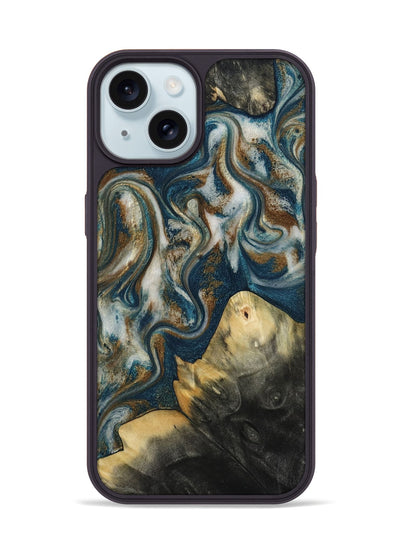 iPhone 15 Wood Phone Case - Ingrid (Teal & Gold, 815814)