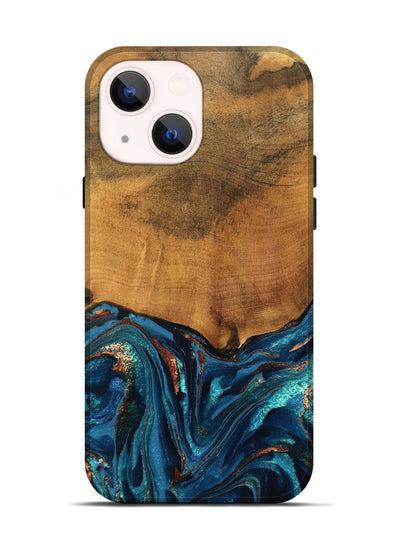 iPhone 14 Wood Live Edge Phone Case - Avis (Teal & Gold, 819985)