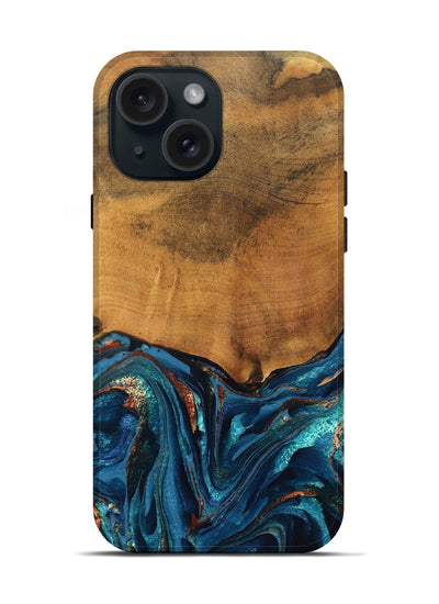 iPhone 15 Wood Live Edge Phone Case - Avis (Teal & Gold, 819985)