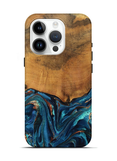 iPhone 15 Pro Wood Live Edge Phone Case - Avis (Teal & Gold, 819985)