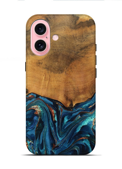 iPhone 16 Wood Live Edge Phone Case - Avis (Teal & Gold, 819985)