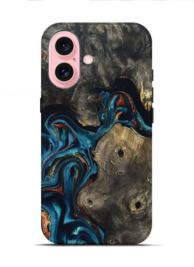 iPhone 16 Wood Live Edge Phone Case - Harlow (Teal & Gold, 819986)