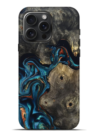 iPhone 16 Pro Max Wood Live Edge Phone Case - Harlow (Teal & Gold, 819986)