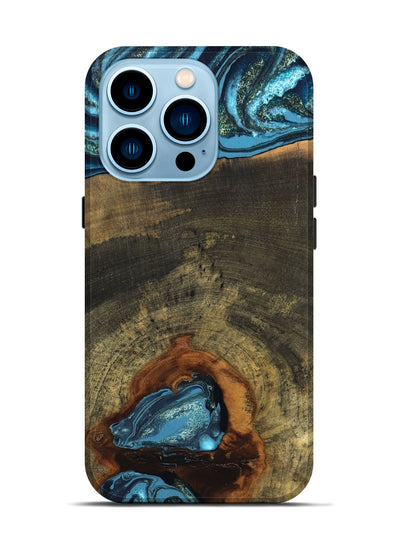 iPhone 14 Pro Wood Live Edge Phone Case - Cole (Teal & Gold, 819988)