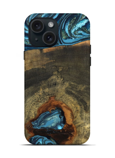 iPhone 15 Wood Live Edge Phone Case - Cole (Teal & Gold, 819988)