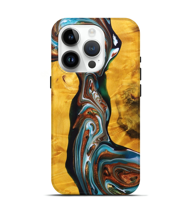 iPhone 15 Pro Wood+Resin Live Edge Phone Case - Celeste (Teal & Gold, 695902)