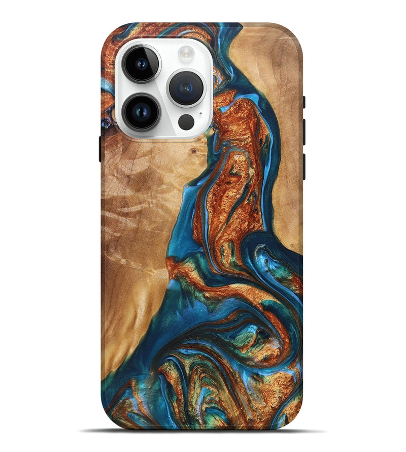 iPhone 15 Pro Max Wood+Resin Live Edge Phone Case - Laverne (Teal & Gold, 695903)