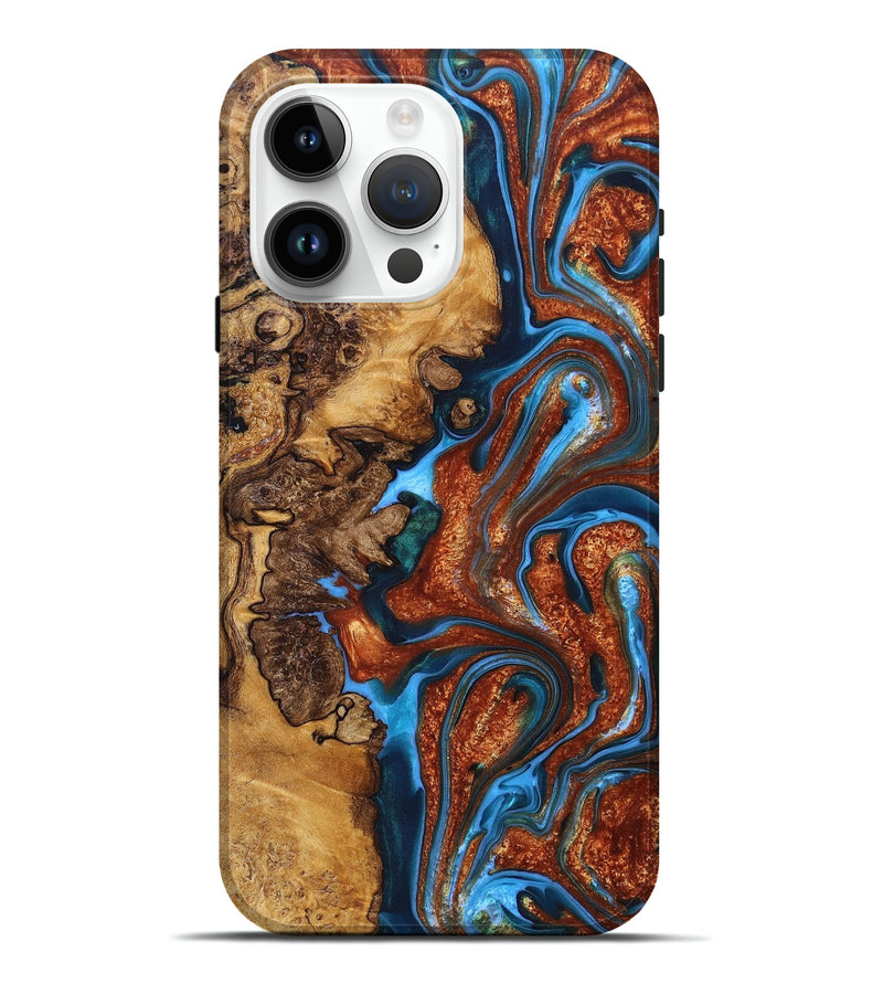 iPhone 15 Pro Max Wood+Resin Live Edge Phone Case - Kim (Teal & Gold, 695904)