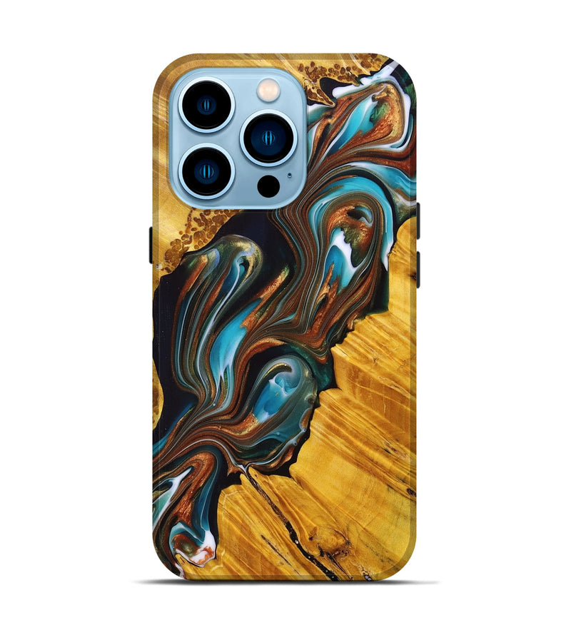 iPhone 14 Pro Wood+Resin Live Edge Phone Case - Jeanne (Teal & Gold, 695905)