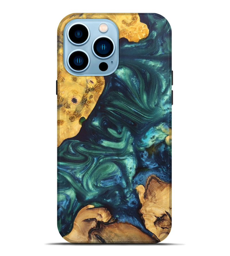 iPhone 14 Pro Max Wood+Resin Live Edge Phone Case - Maggie (Green, 695913)