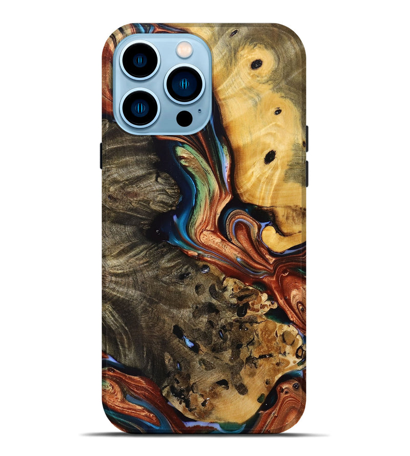iPhone 14 Pro Max Wood+Resin Live Edge Phone Case - Briella (Teal & Gold, 696137)