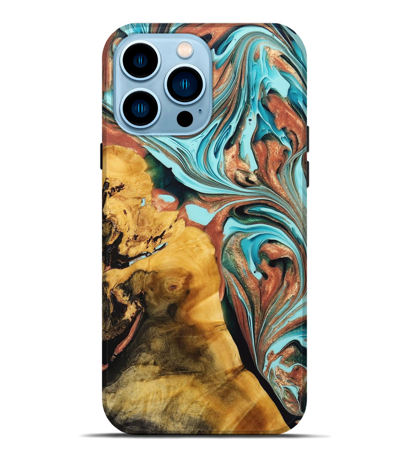 iPhone 14 Pro Max Wood+Resin Live Edge Phone Case - Maxwell (Teal & Gold, 696139)