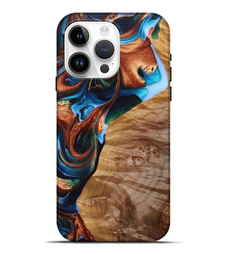 iPhone 15 Pro Max Wood+Resin Live Edge Phone Case - Malik (Teal & Gold, 696140)