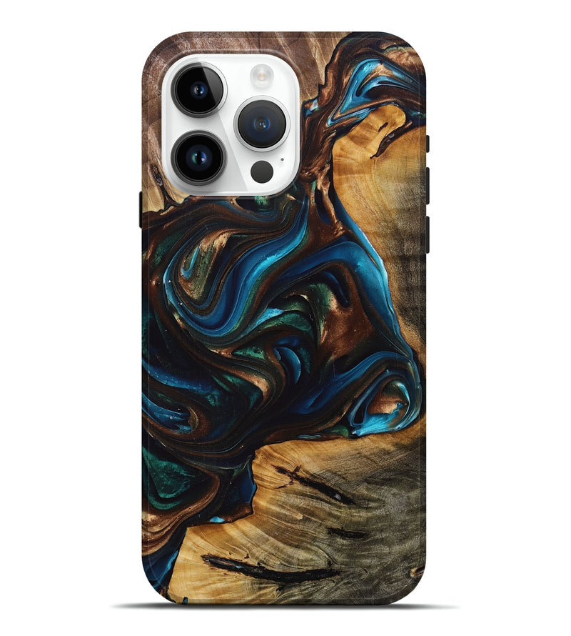 iPhone 15 Pro Max Wood+Resin Live Edge Phone Case - Everleigh (Teal & Gold, 696141)