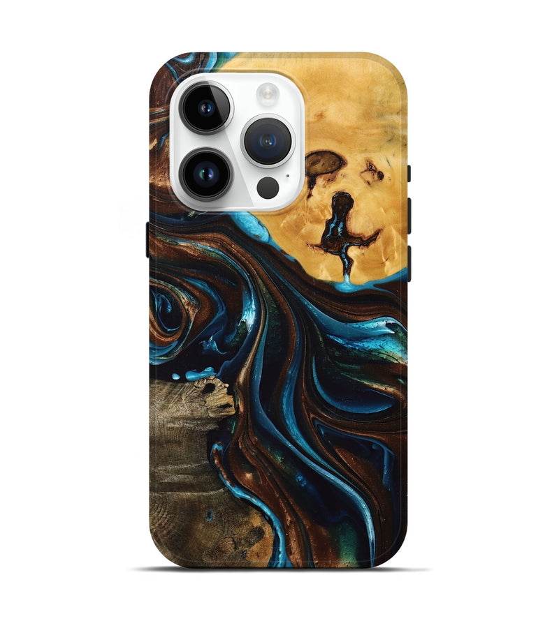 iPhone 15 Pro Wood+Resin Live Edge Phone Case - Jolene (Teal & Gold, 696142)