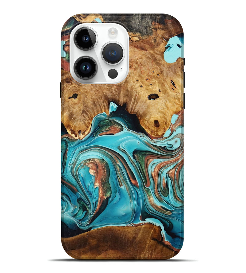 iPhone 15 Pro Max Wood+Resin Live Edge Phone Case - Winter (Teal & Gold, 696143)