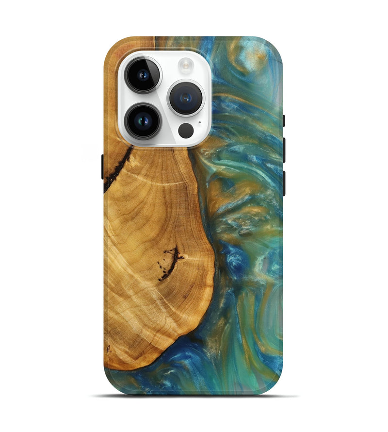 iPhone 15 Pro Wood+Resin Live Edge Phone Case - Gretchen (Teal & Gold, 696144)