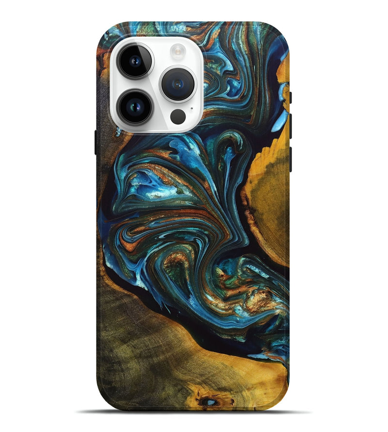 iPhone 15 Pro Max Wood+Resin Live Edge Phone Case - Brett (Teal & Gold, 696307)