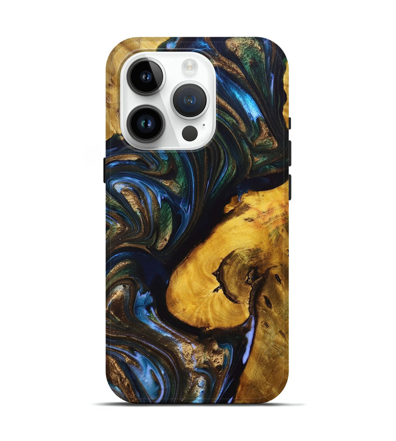 iPhone 15 Pro Wood+Resin Live Edge Phone Case - Ainsley (Teal & Gold, 696308)