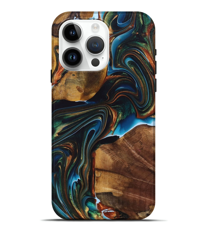 iPhone 15 Pro Max Wood+Resin Live Edge Phone Case - Haven (Teal & Gold, 696407)