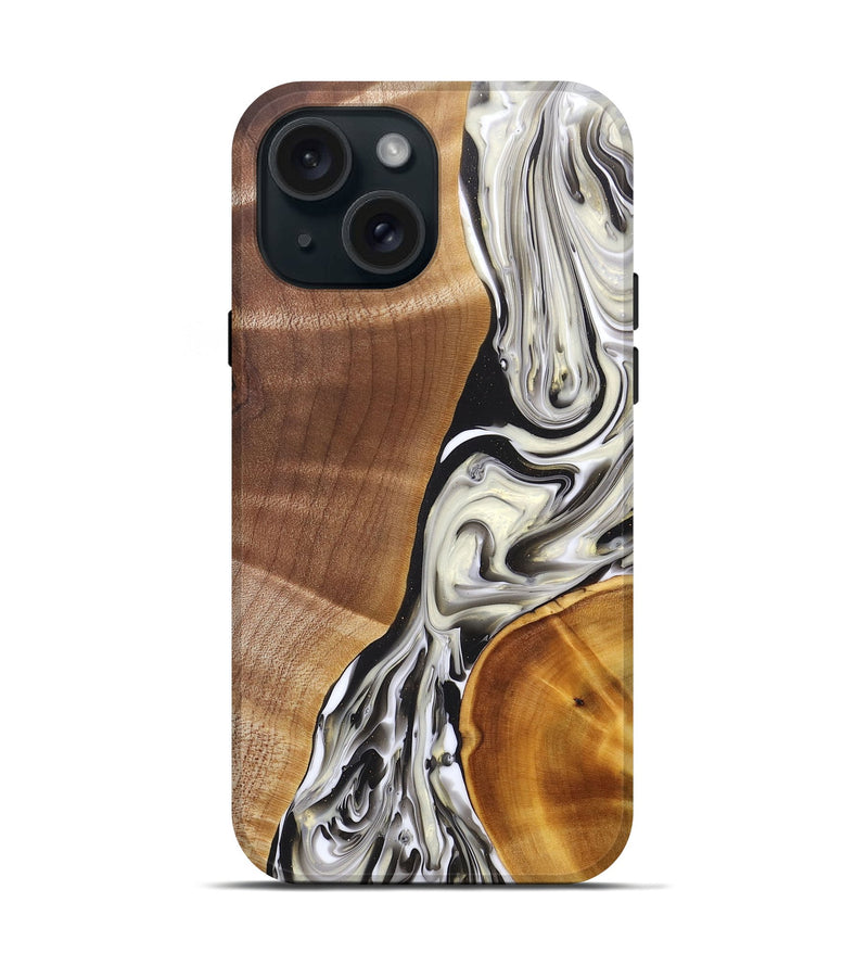 iPhone 15 Wood+Resin Live Edge Phone Case - Cheri (Black & White, 696842)