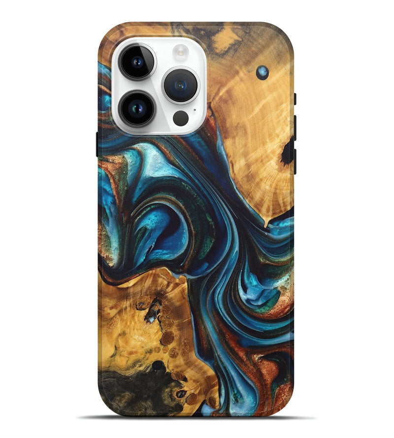 iPhone 15 Pro Max Wood+Resin Live Edge Phone Case - Nevaeh (Teal & Gold, 696851)