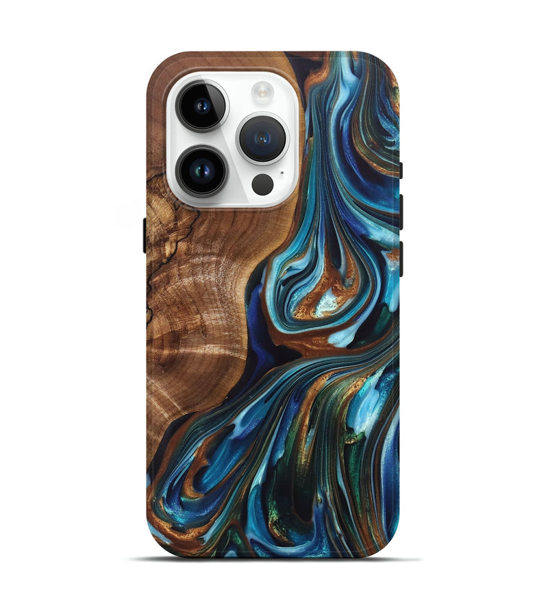iPhone 15 Pro Wood+Resin Live Edge Phone Case - Veronica (Teal & Gold, 697334)