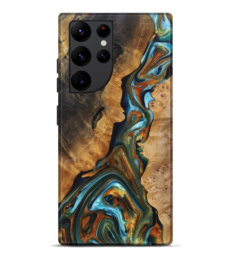 Galaxy S22 Ultra Wood+Resin Live Edge Phone Case - Devante (Teal & Gold, 697336)