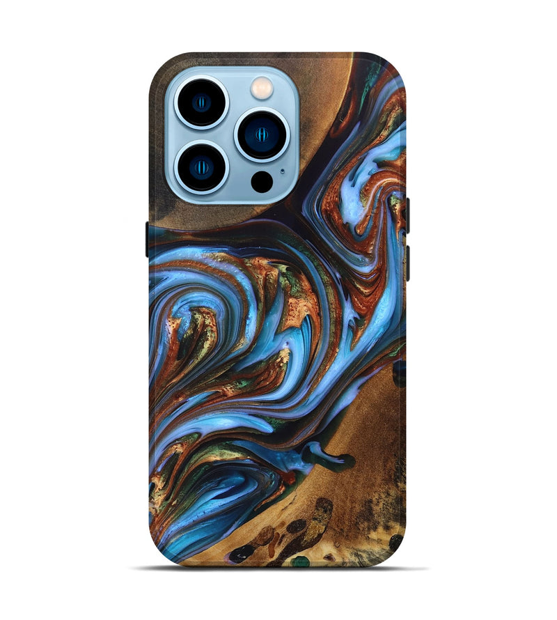 iPhone 14 Pro Wood+Resin Live Edge Phone Case - Andy (Teal & Gold, 697337)