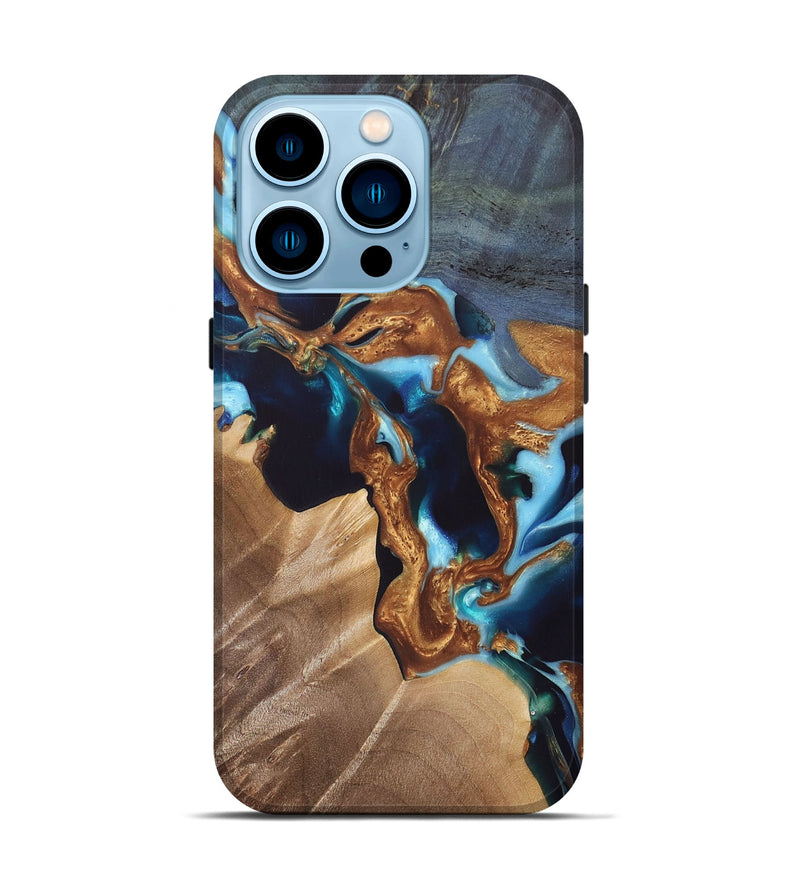 iPhone 14 Pro Wood+Resin Live Edge Phone Case - Drake (Teal & Gold, 697340)