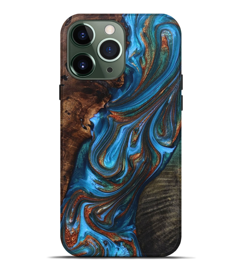 iPhone 13 Pro Max Wood+Resin Live Edge Phone Case - Giselle (Teal & Gold, 697423)