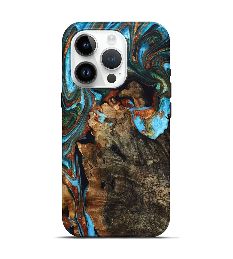 iPhone 15 Pro Wood+Resin Live Edge Phone Case - Clark (Teal & Gold, 697424)