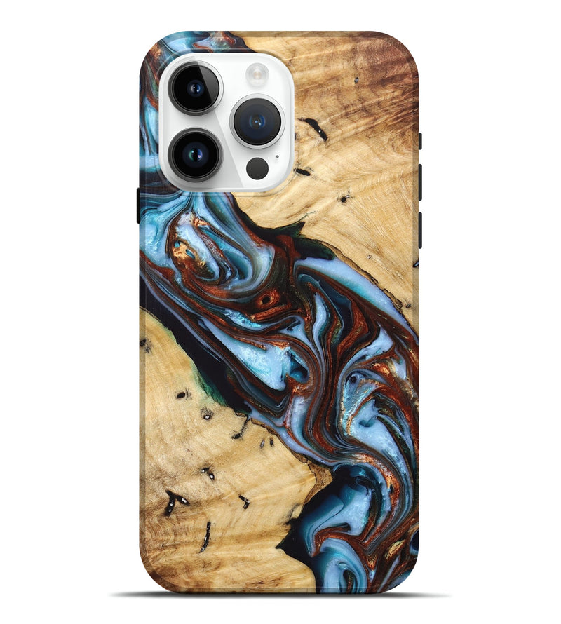 iPhone 15 Pro Max Wood+Resin Live Edge Phone Case - Reed (Teal & Gold, 697926)