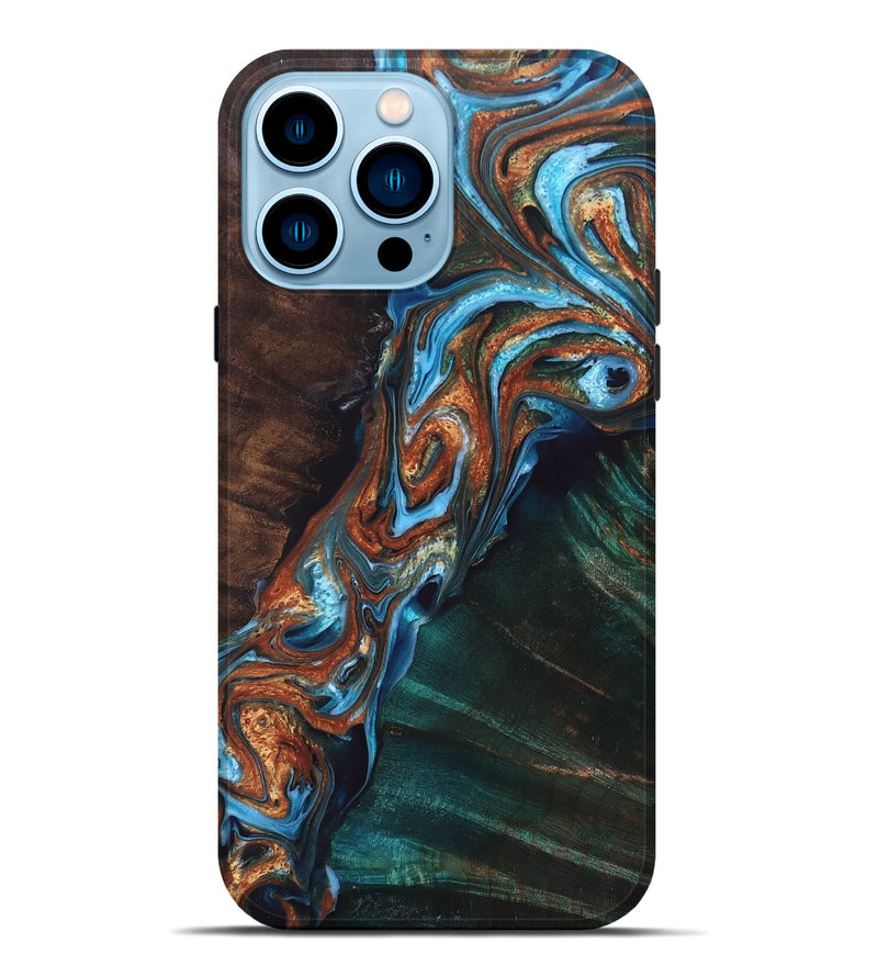 iPhone 14 Pro Max Wood+Resin Live Edge Phone Case - Darius (Teal & Gold, 697928)