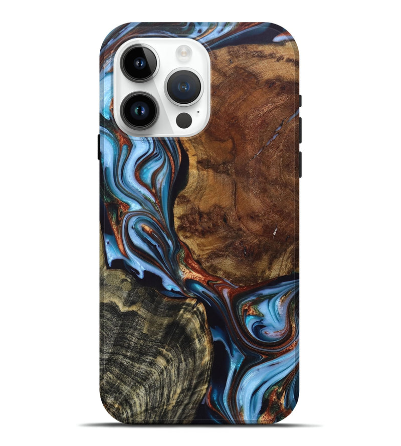 iPhone 15 Pro Max Wood+Resin Live Edge Phone Case - Shirley (Teal & Gold, 697929)