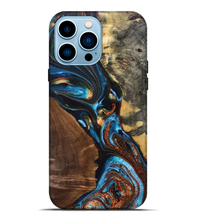 iPhone 14 Pro Max Wood+Resin Live Edge Phone Case - Cody (Teal & Gold, 698221)