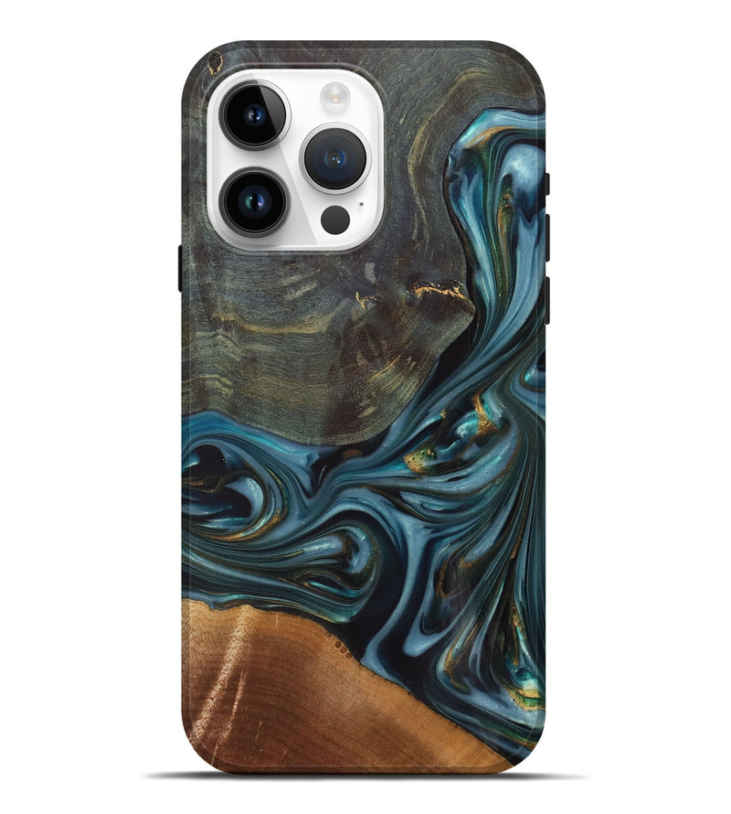 iPhone 15 Pro Max Wood+Resin Live Edge Phone Case - Paislee (Teal & Gold, 699731)