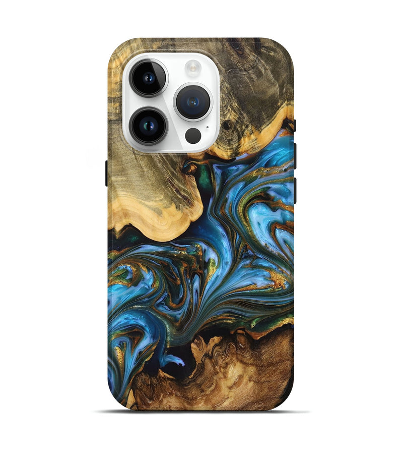 iPhone 15 Pro Wood+Resin Live Edge Phone Case - Darin (Teal & Gold, 699732)
