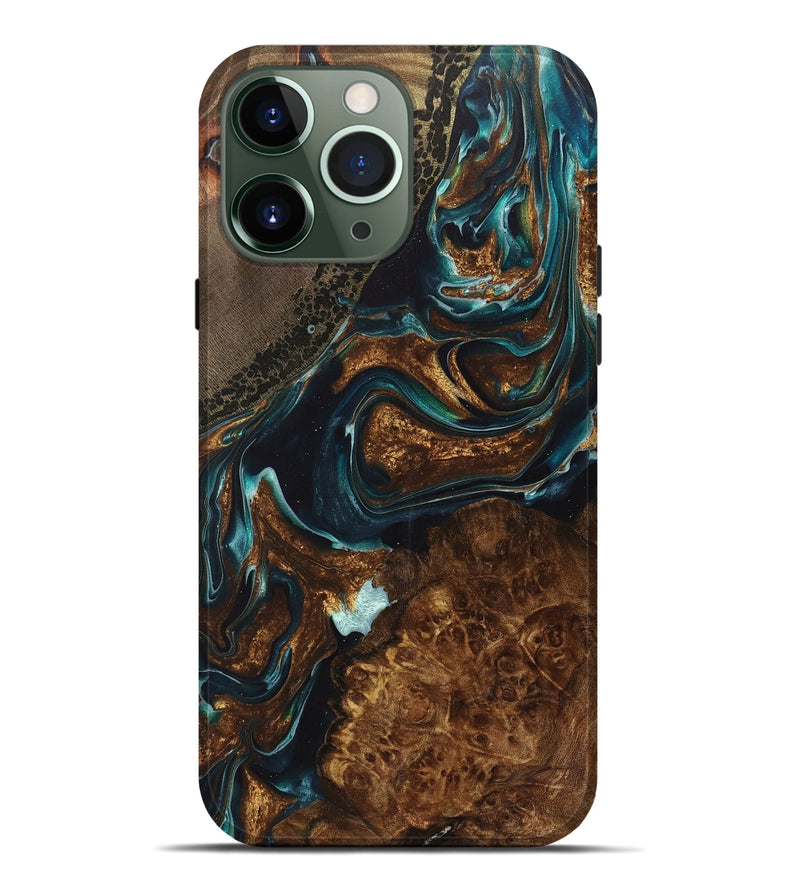 iPhone 13 Pro Max Wood+Resin Live Edge Phone Case - Wilbert (Teal & Gold, 699733)