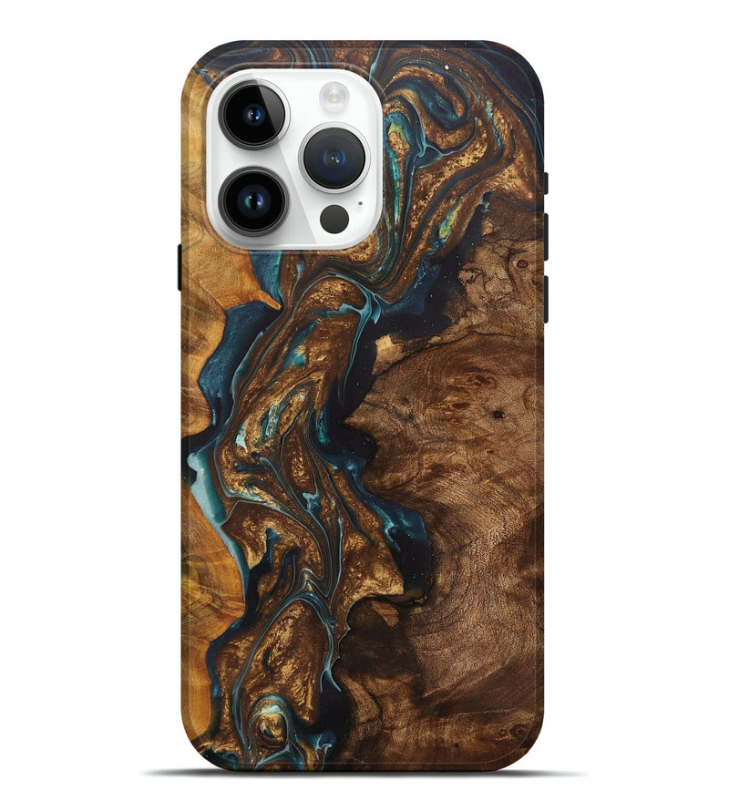 iPhone 15 Pro Max Wood+Resin Live Edge Phone Case - Abel (Teal & Gold, 699736)