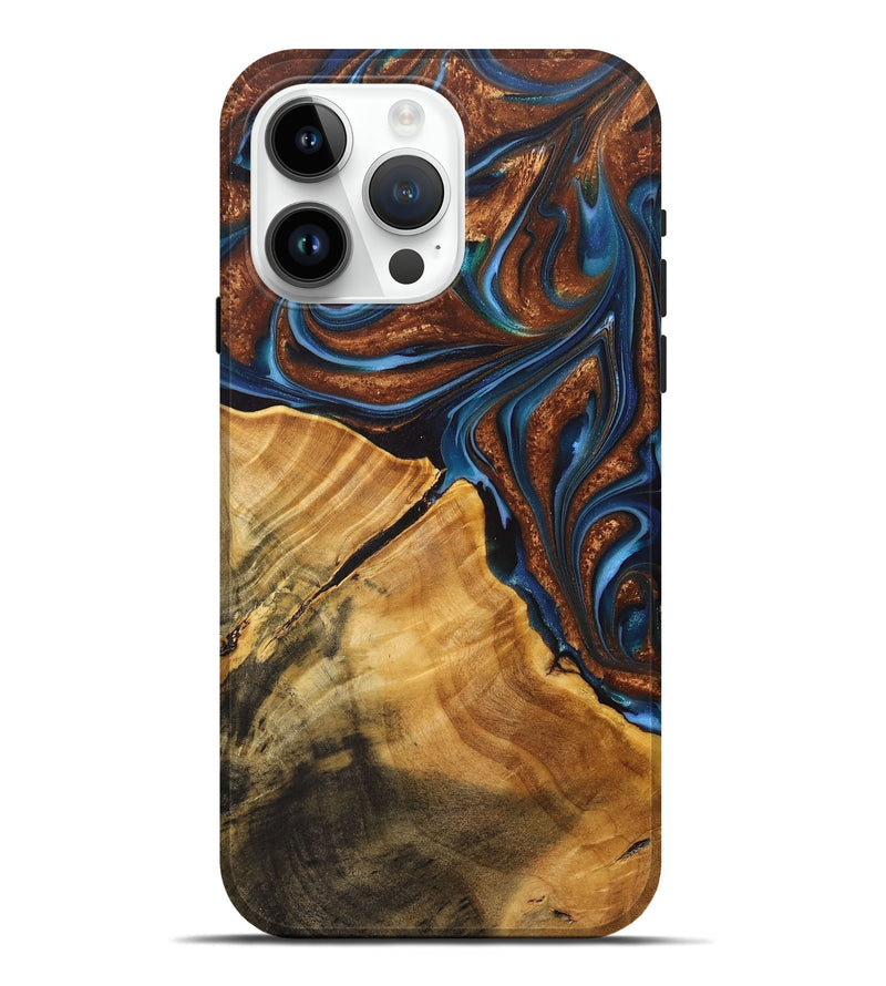 iPhone 15 Pro Max Wood+Resin Live Edge Phone Case - Audra (Teal & Gold, 700227)