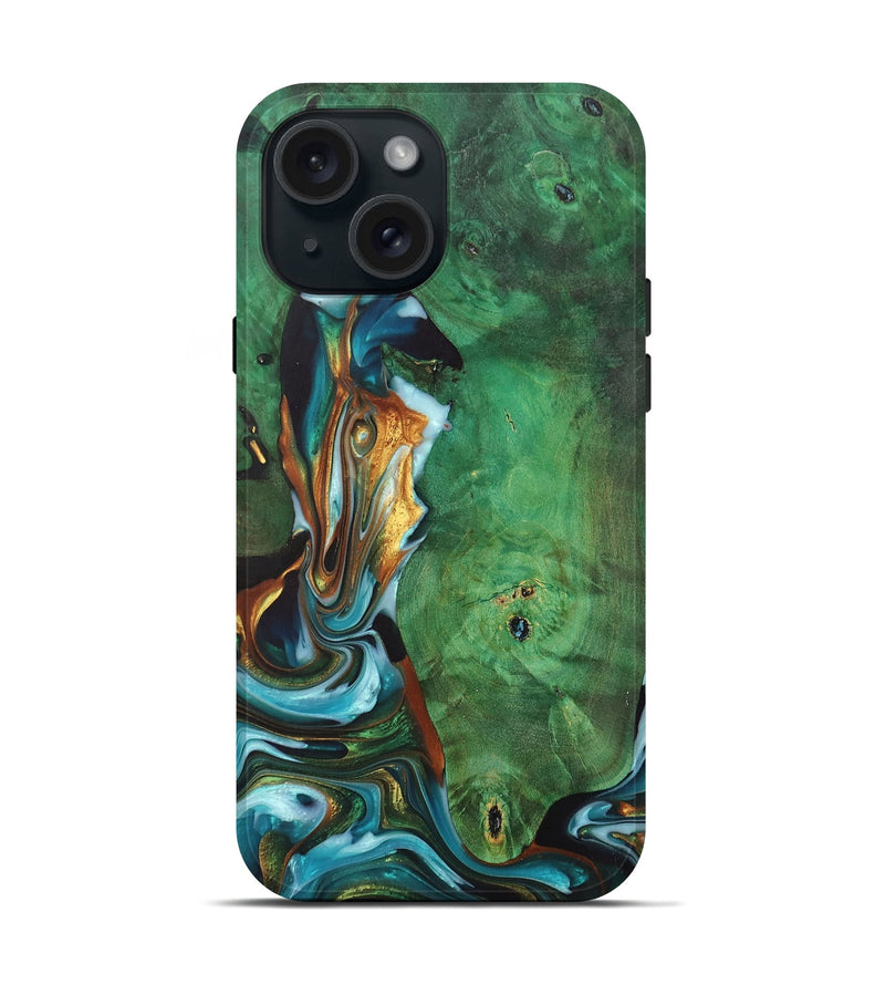 iPhone 15 Wood+Resin Live Edge Phone Case - Jo (Teal & Gold, 700594)