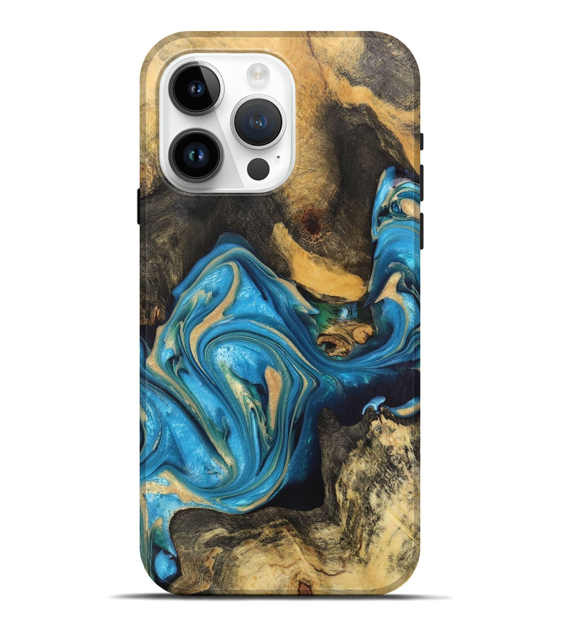iPhone 15 Pro Max Wood+Resin Live Edge Phone Case - Bobbie (Teal & Gold, 700874)