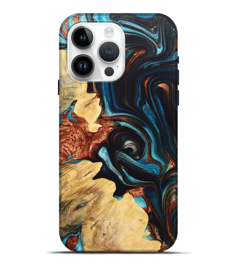 iPhone 15 Pro Max Wood+Resin Live Edge Phone Case - Ellie (Teal & Gold, 700917)