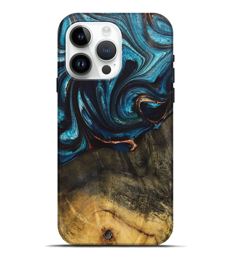 iPhone 15 Pro Max Wood+Resin Live Edge Phone Case - Shirley (Teal & Gold, 700918)