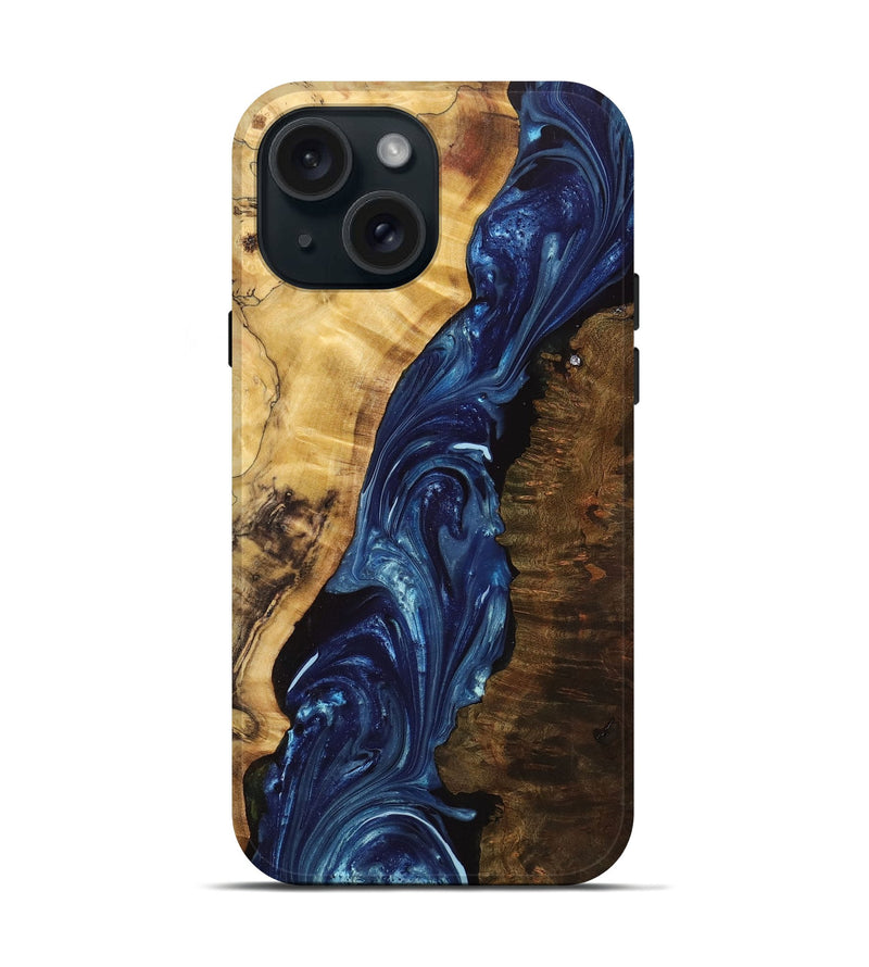 iPhone 15 Wood+Resin Live Edge Phone Case - Edward (Blue, 700934)
