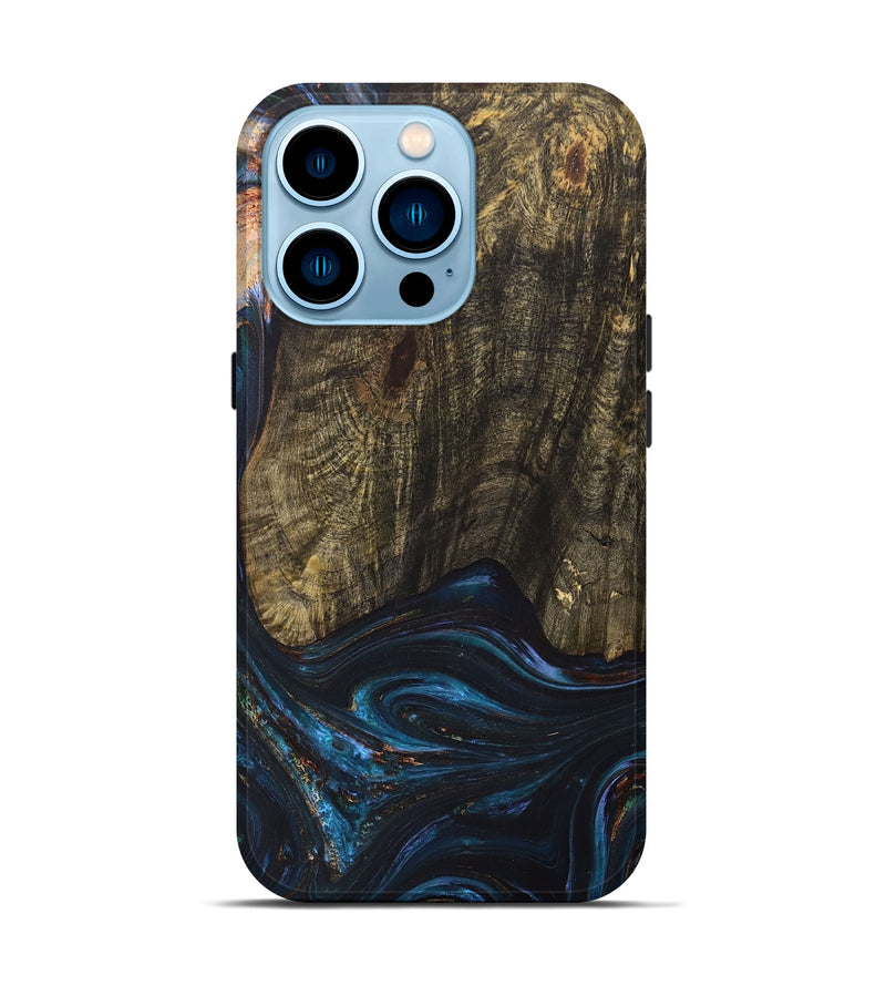 iPhone 14 Pro Wood+Resin Live Edge Phone Case - Asher (Teal & Gold, 702920)