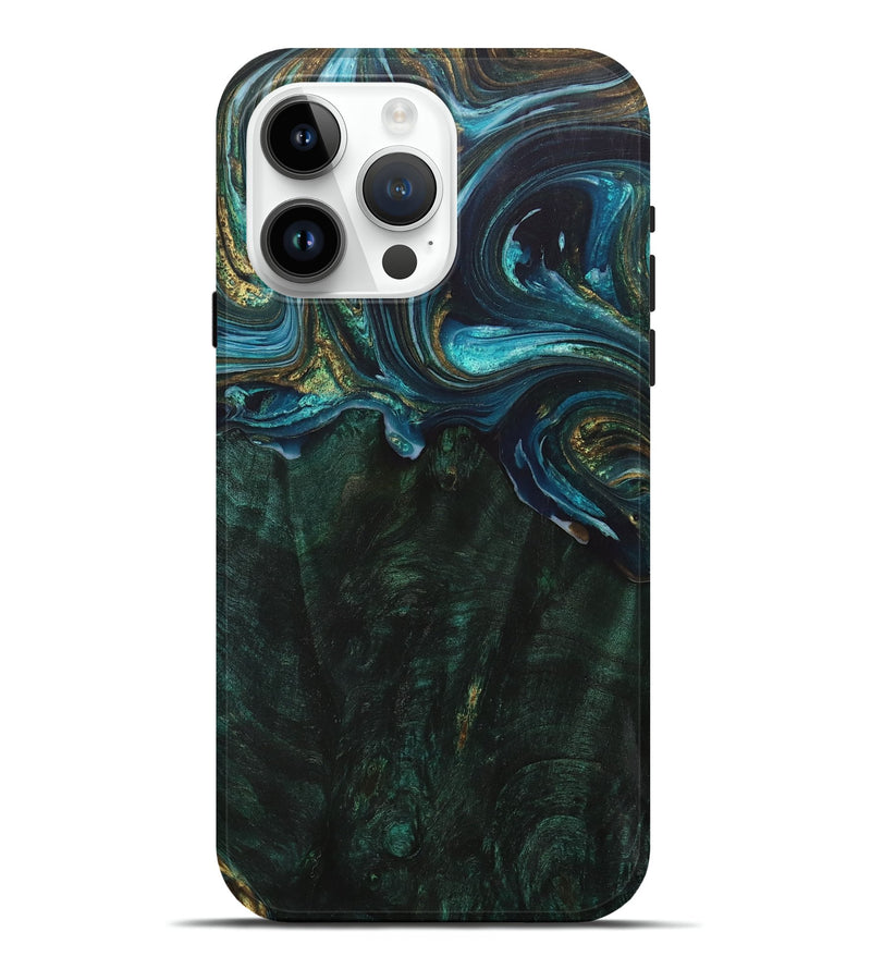 iPhone 15 Pro Max Wood+Resin Live Edge Phone Case - Lakisha (Teal & Gold, 702924)